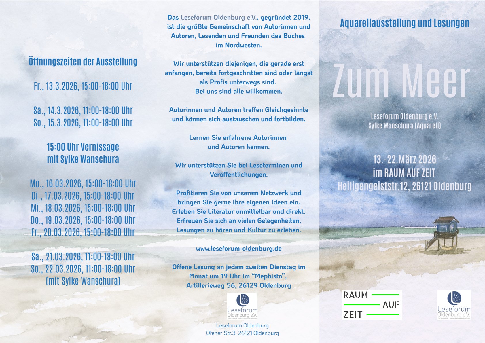 Flyer Leseforum Oldenburg e.V. zu Ausstellung "ZUM MEER" mit Sylke Wanschura
