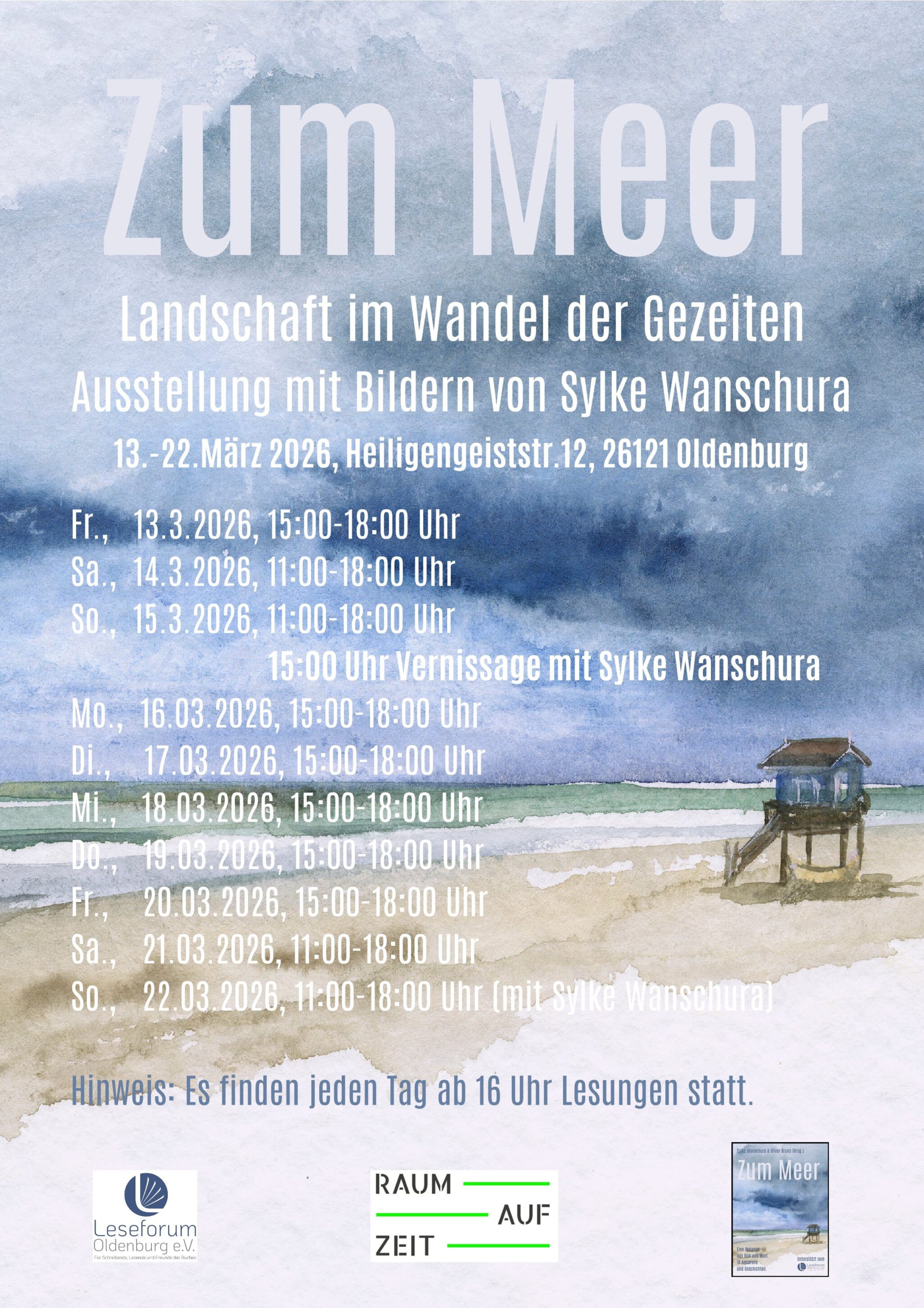 Programm Plakat Leseforum Oldenburg e.V. zu Ausstellung "ZUM MEER" mit Sylke Wanschura