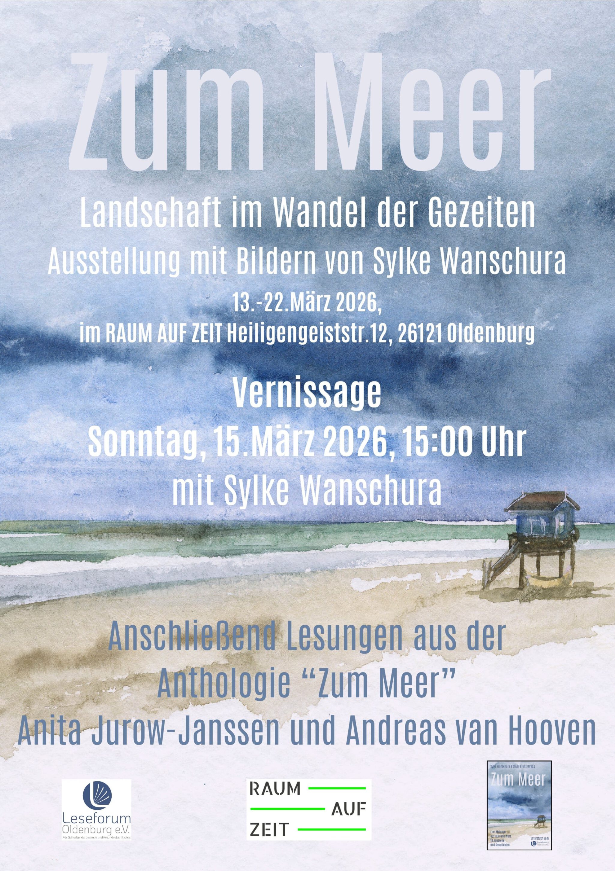 Vernissage Plakat Leseforum Oldenburg e.V. zu Ausstellung "ZUM MEER" mit Sylke Wanschura