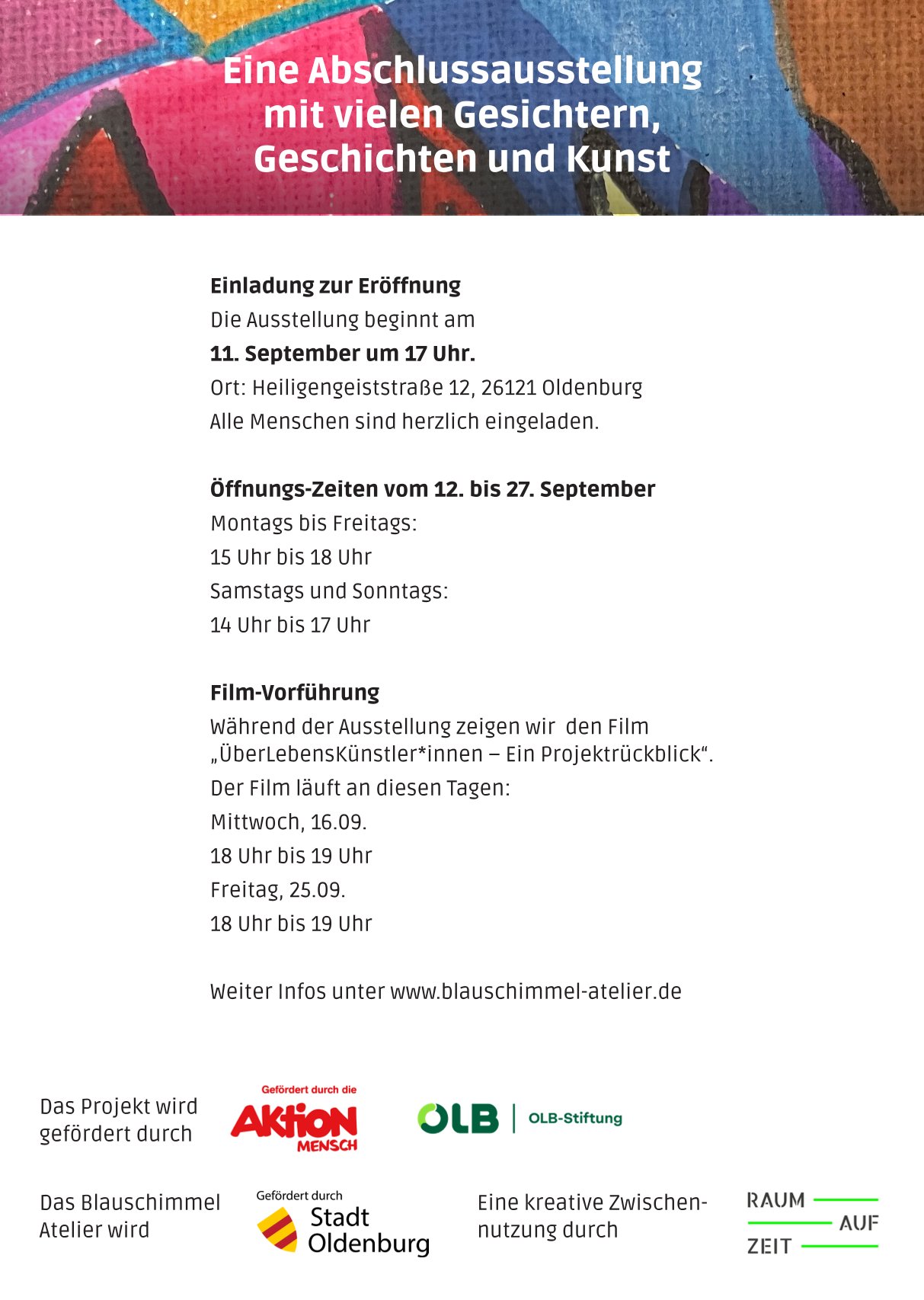 Flyer leichte Sprache Blauschimmel Atelier ÜberLebensKünstler*innen