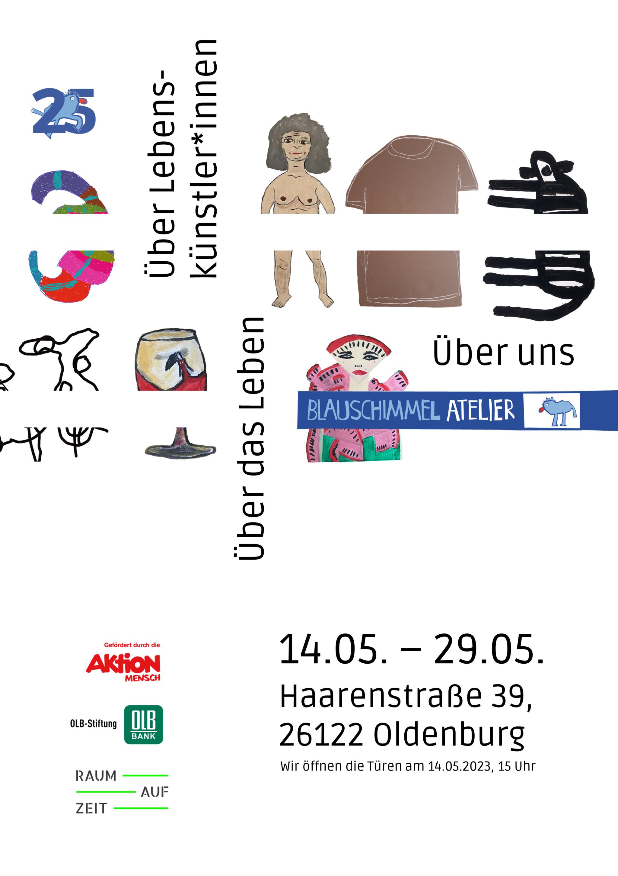 Plakat der Ausstellung "Über Lebenskünstler:innen" (Blauschimmelatelier)